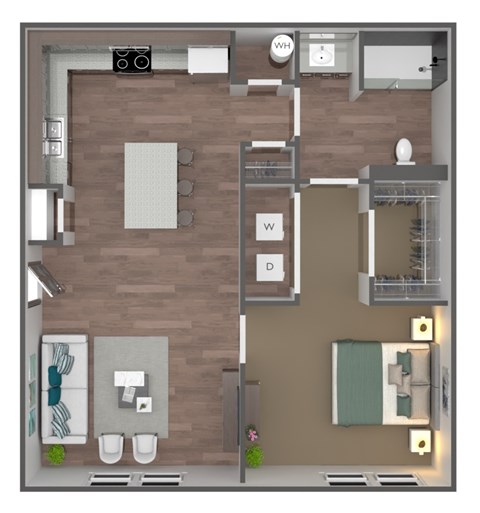 A floor plan of a house with a kitchen, living room, and bathroom.